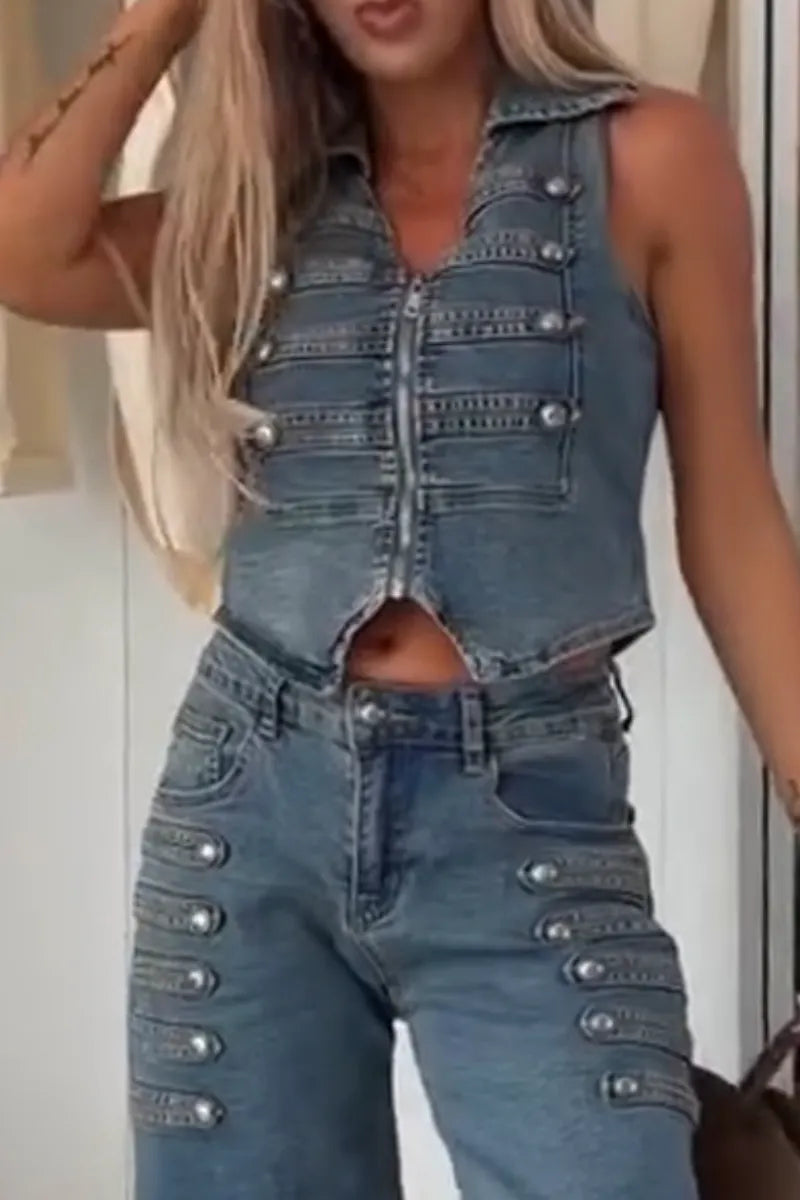 Women's Lapel Sleeveless Patchwork Round Button Denim Vest or Jeans