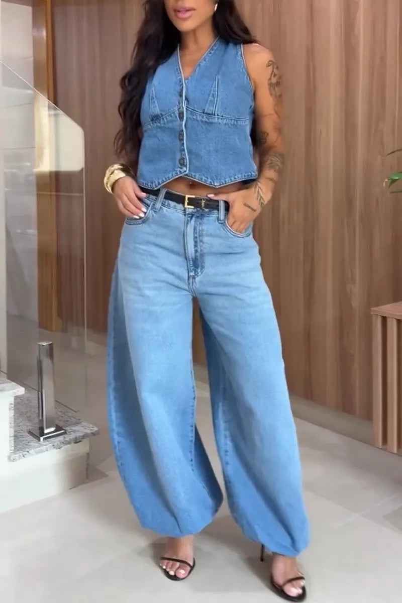 Women's V-neck Patchwork Denim Vest + Washed Denim Jeans