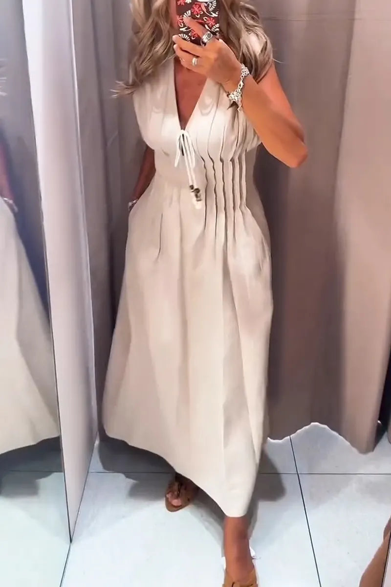 Women Deep V-neck Cinched Waist Elegant Casual Maxi Dresses