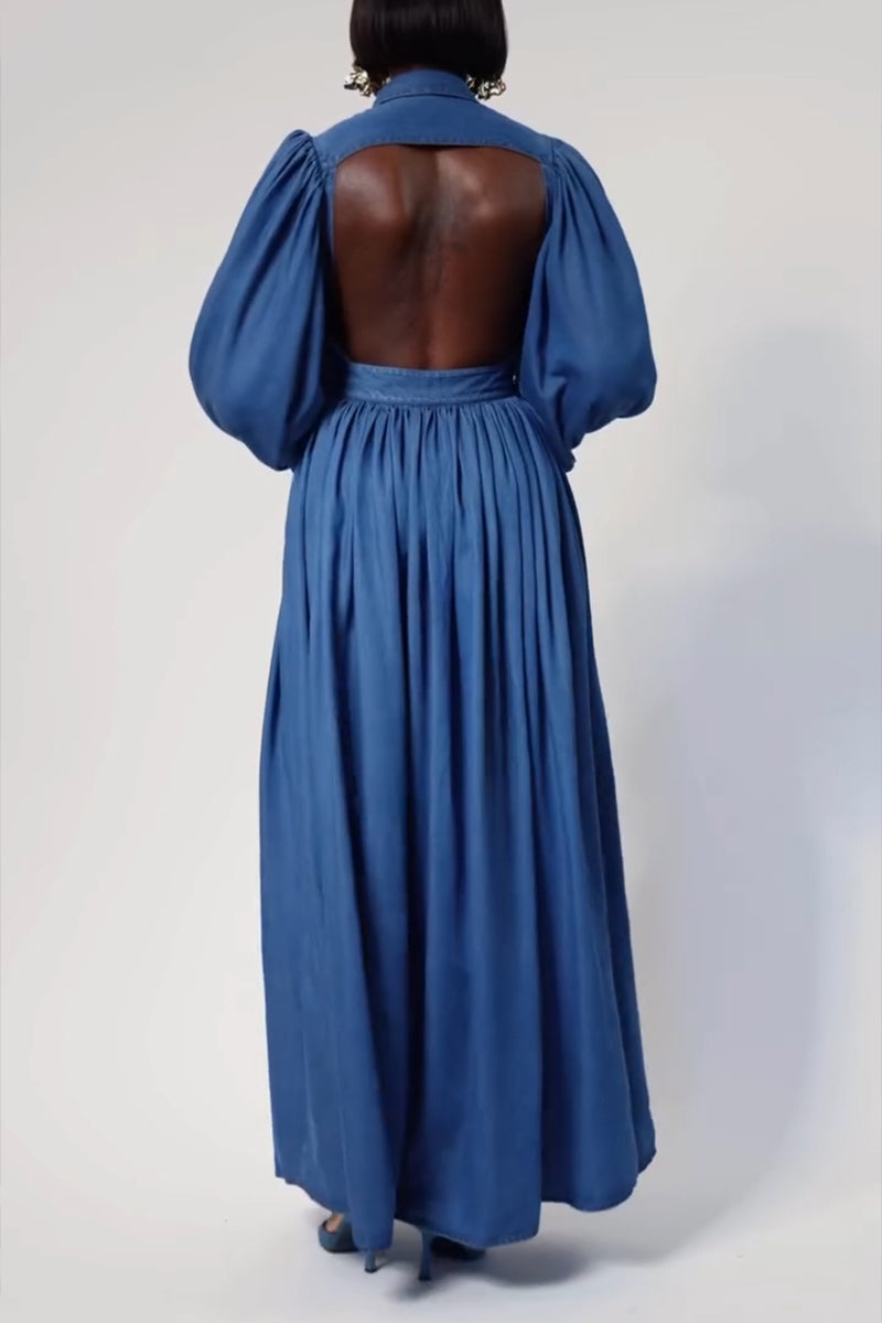 Women's Fashion Puff Sleeve Backless Single-Breasted Button Denim Maxi Dress