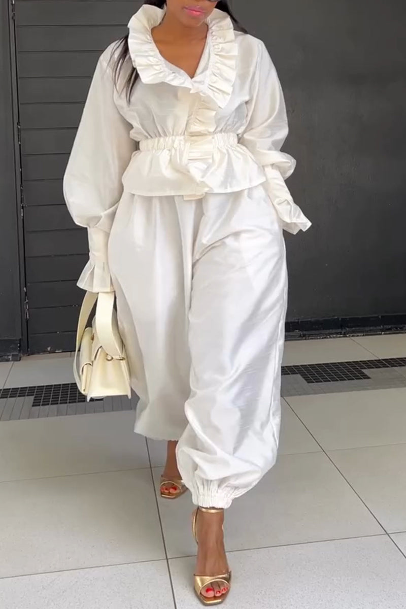 Women's Elegant Ruffle Decoration Waist Cinching Shirt Elastic Cuff Pants Two-Piece Set