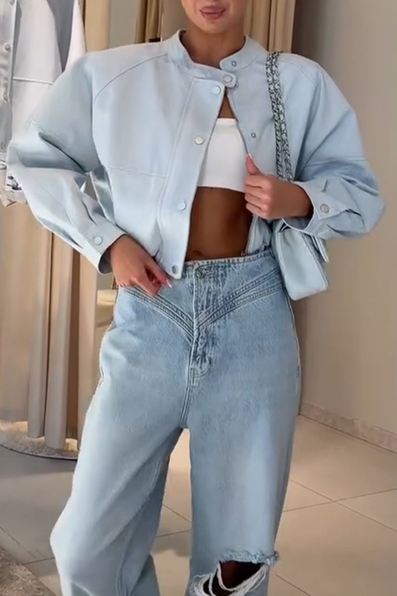 Women's Casual Round Neck Jacket or Patchwork Ripped Jeans