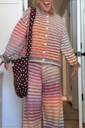Women's Casual Colorful Stripe Loose Knit Cardigan or Pants