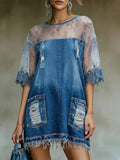 Bohemian-style Denim Mini Dress With Round Neck, Three-quarter Sleeves, And Contrast Piping