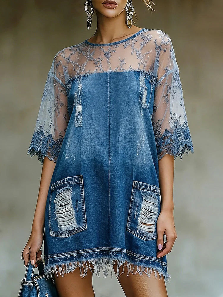 Bohemian-style Denim Mini Dress With Round Neck, Three-quarter Sleeves, And Contrast Piping