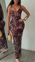Women Strapless Sleeveless Printed Waist Cinching Sexy Temperament Dress