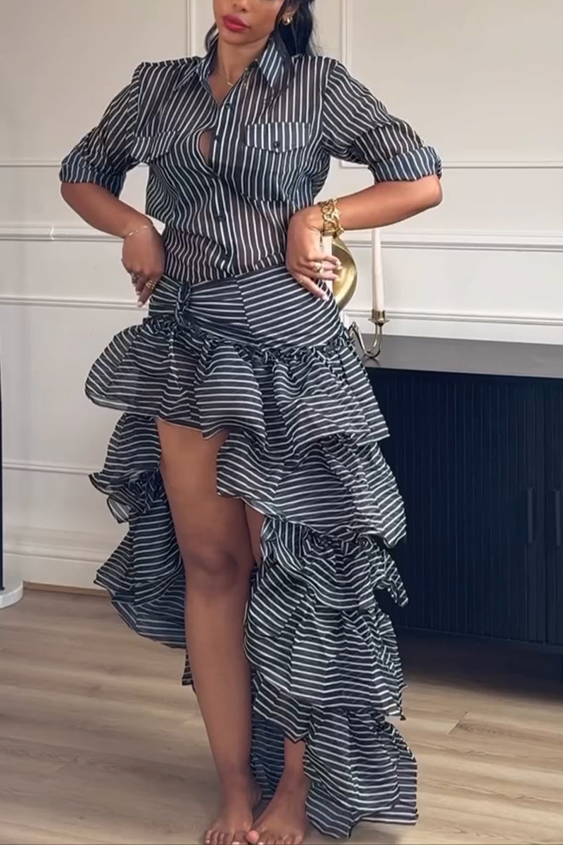 Women's Collar Vertical Striped Shirt or Patchwork Multi-layered Irregular Elegant Casual Half Skirt