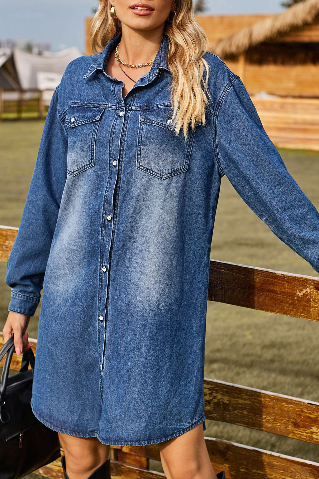 Women's Casual Long Sleeve Adjustable Button Loose Dress