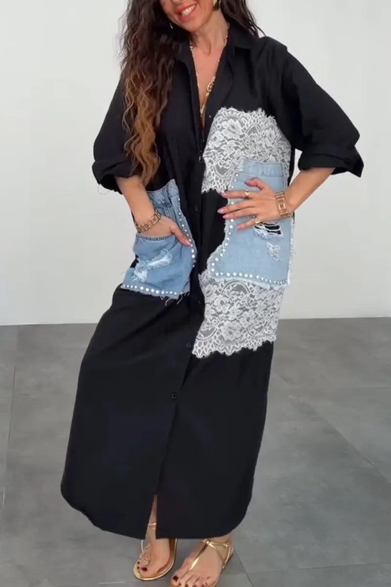 Women Collar Patchwork Denim Lace Elegant Casual Maxi Dresses