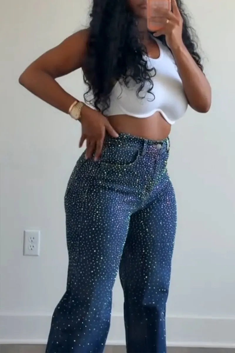 Women's Casual Gradient Shiny Rhinestone Wash Jeans