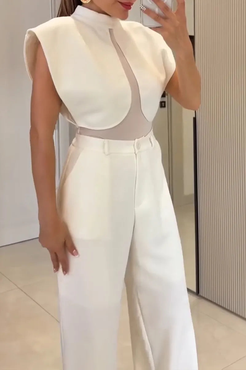 Women's Fashion Mesh Patchwork Wide Shoulder Vest Pants Two-Piece Set