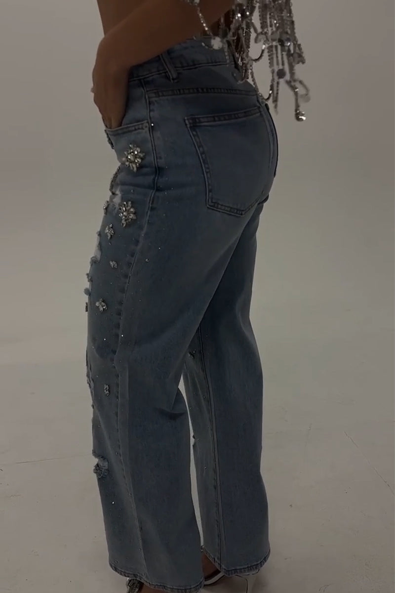 Women's Nail Drill Scratch Casual Jeans