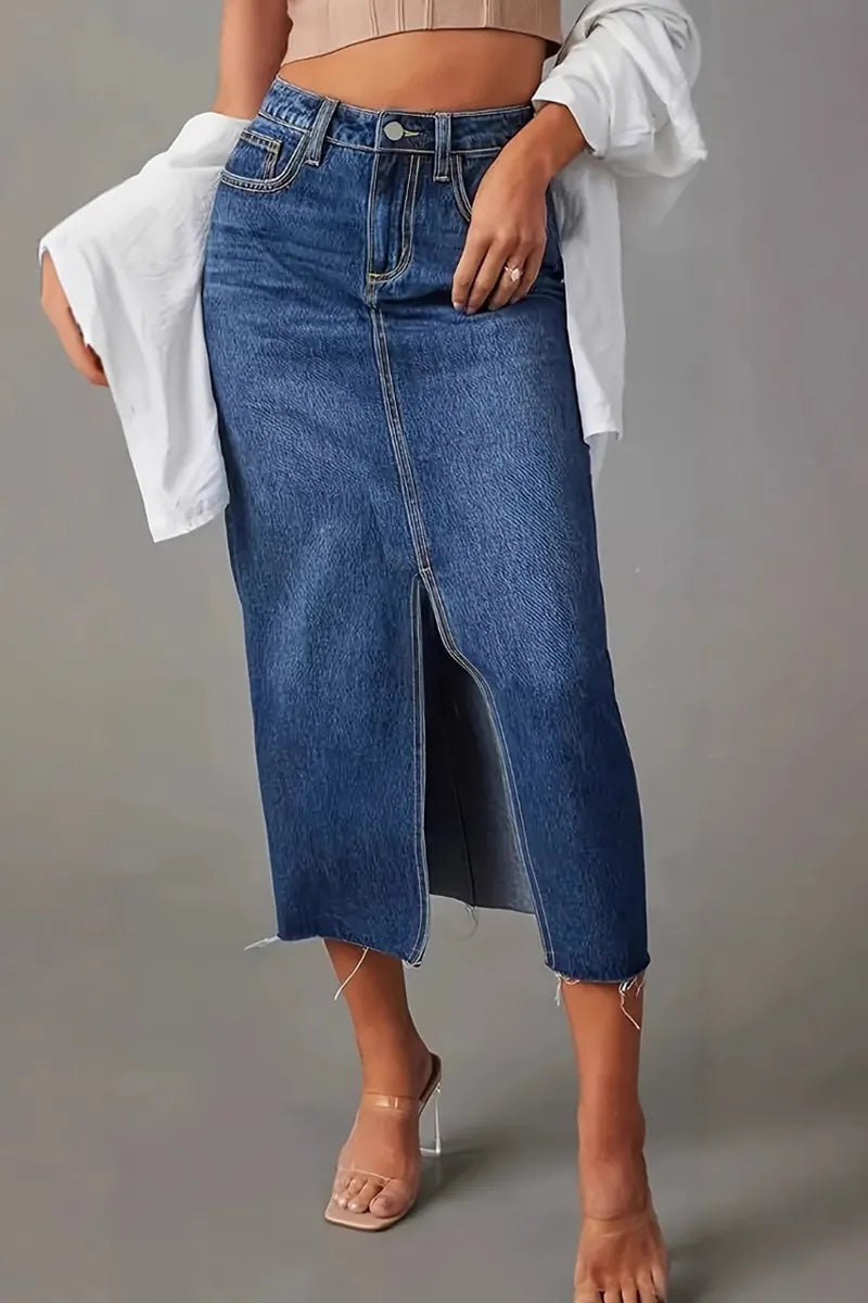 Casual High Waisted Split Hem Denim Skirts
