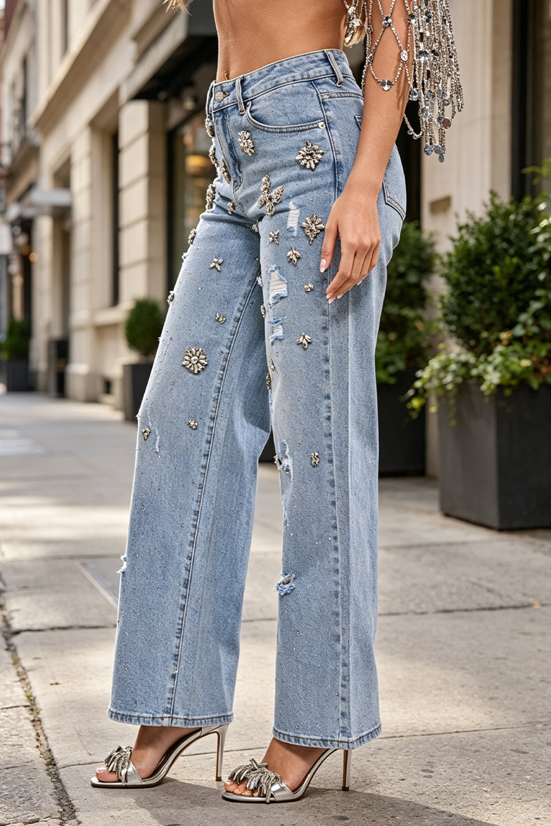 Women's Nail Drill Scratch Casual Jeans