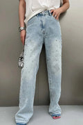 Women Heavy Duty Rhinestone Embellished Straight Leg Jeans