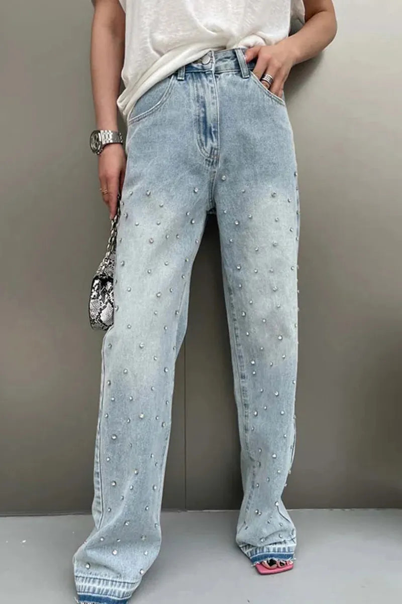 Women Heavy Duty Rhinestone Embellished Straight Leg Jeans