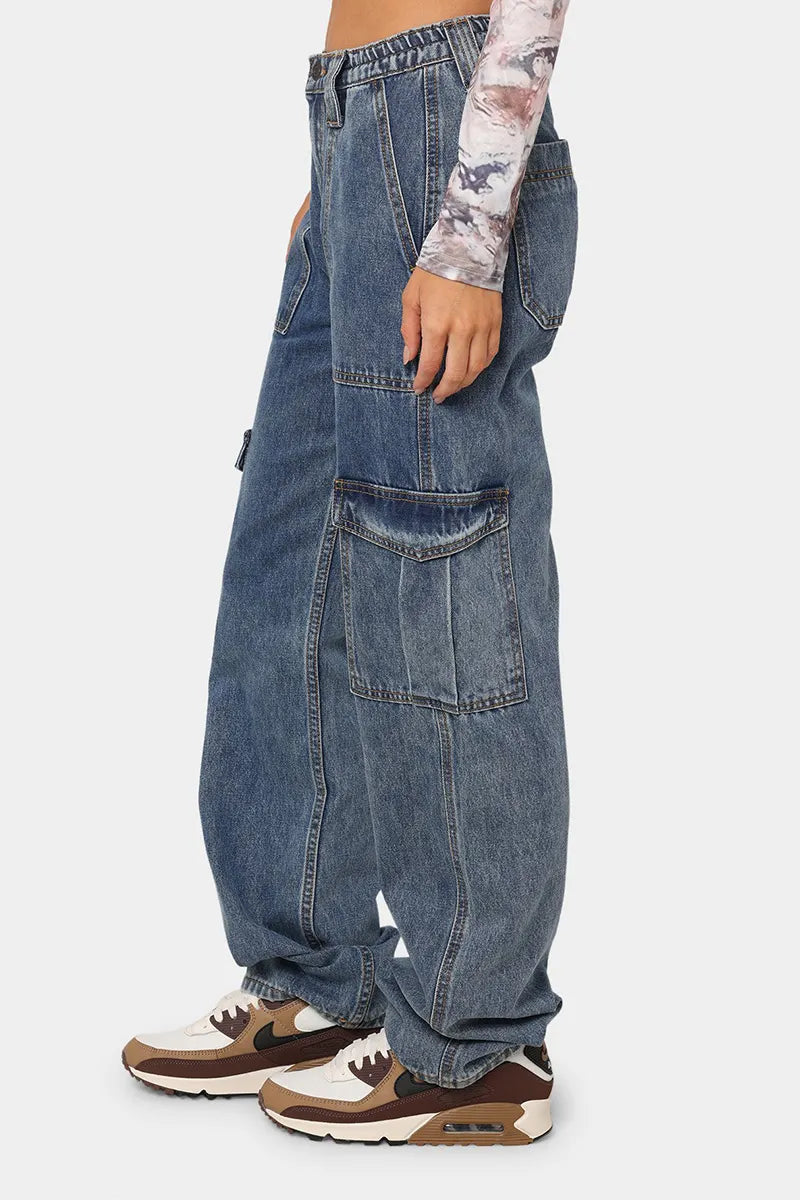 Women's Elastic Waist Wide-Leg Cargo Jeans With Multiple Pockets
