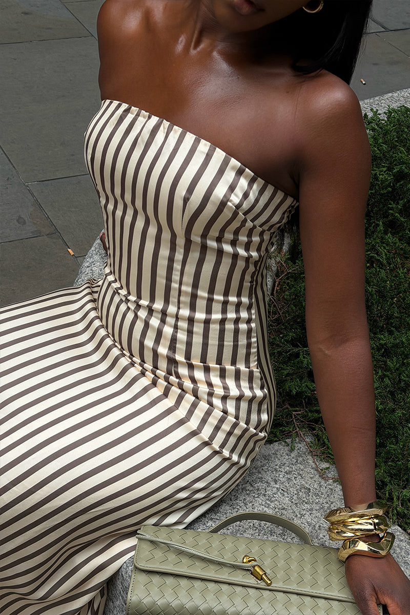 Women's Elegant Strapless Stripe Hem Patchwork Maxi Dress
