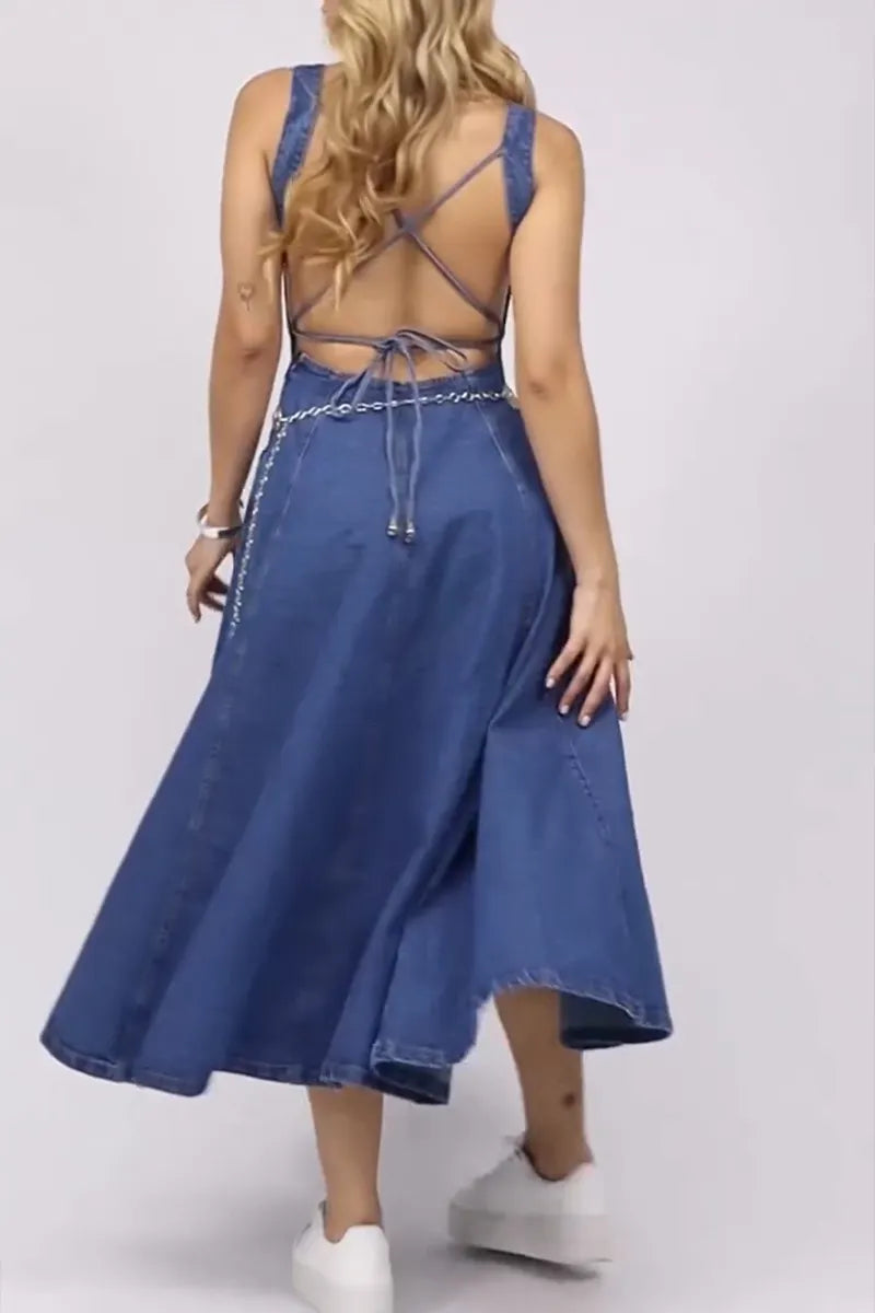 Women's Casual Zipper Slit Hem Open Back Cami Denim Dress