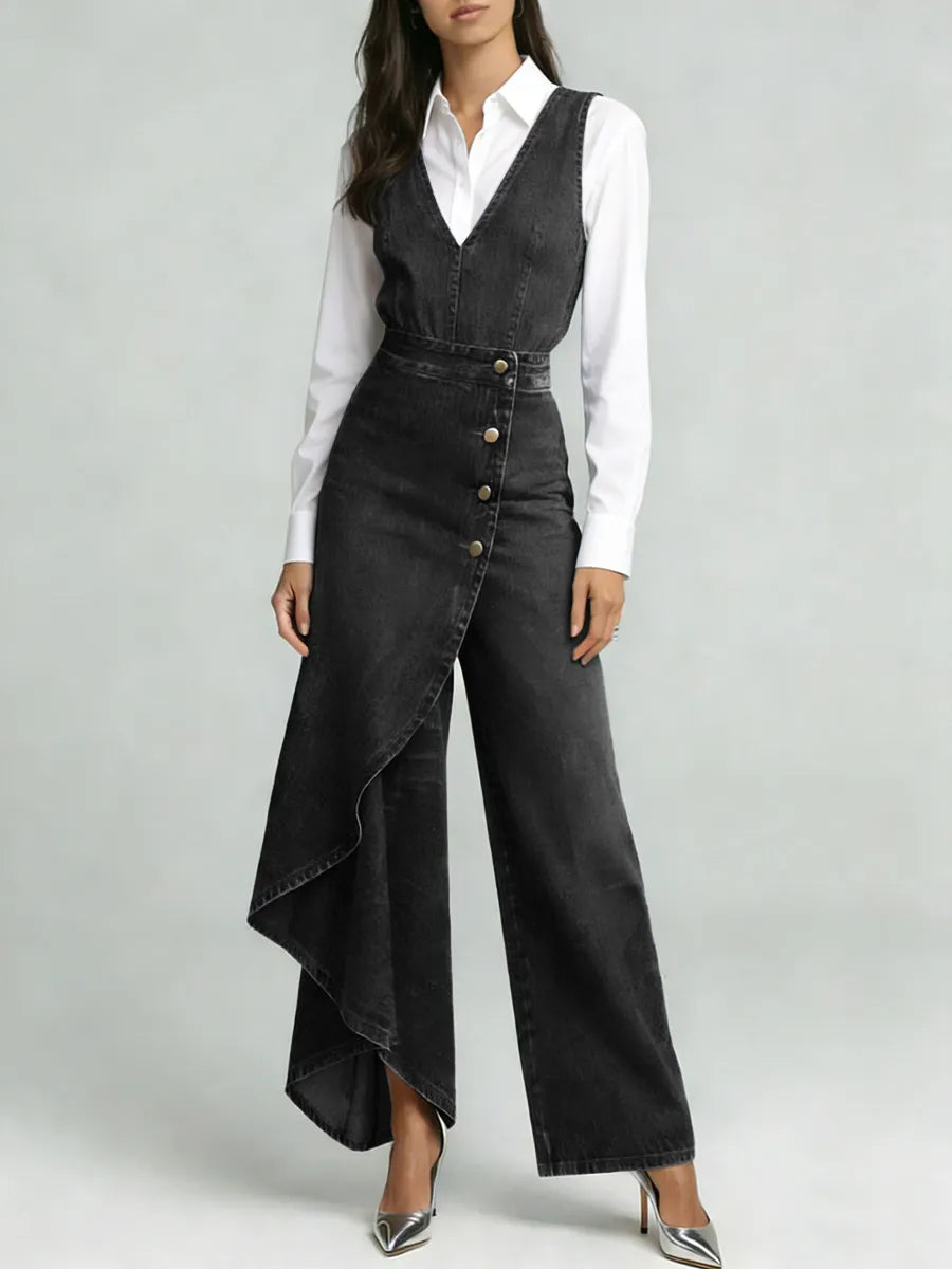 Women's V-neck Sleeveless Casual Loose-fitting Denim Wide-leg Jumpsuit