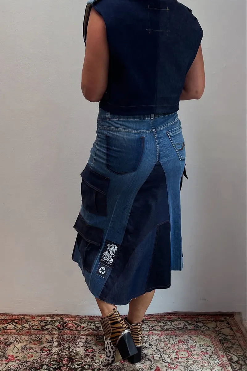 Women's Casual Color Block Cargo Pocket Denim Skirt
