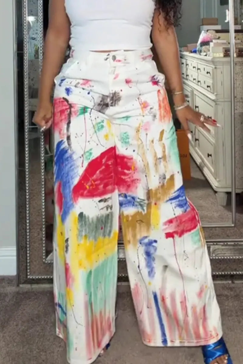 Women's Casual Printed Loose Wide Leg Jeans