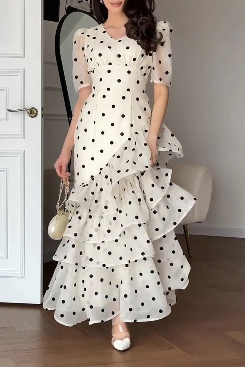 Women's Elegant Tiered Flounce Hem Polka Dot Dress