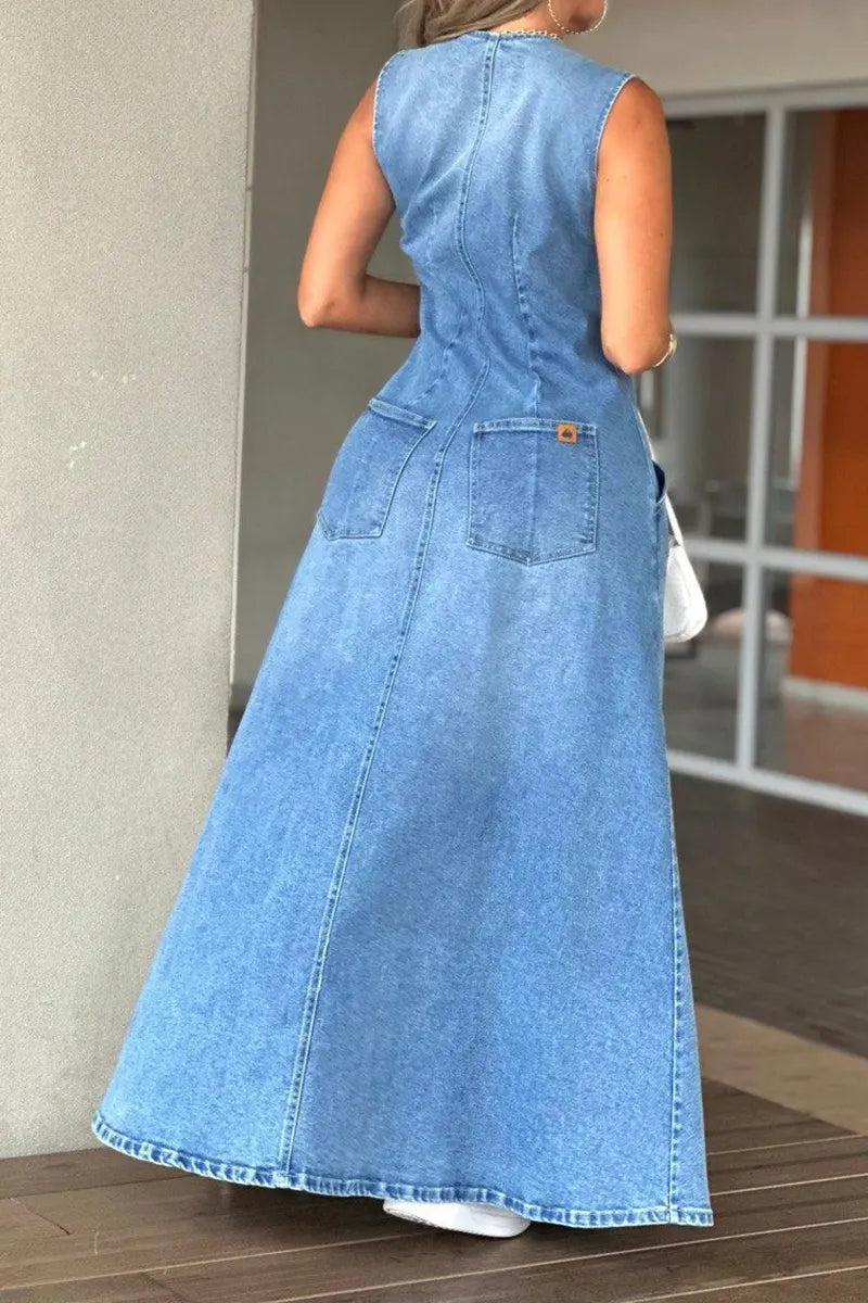 Women's Casual Zipper Slit Hem Denim Dress