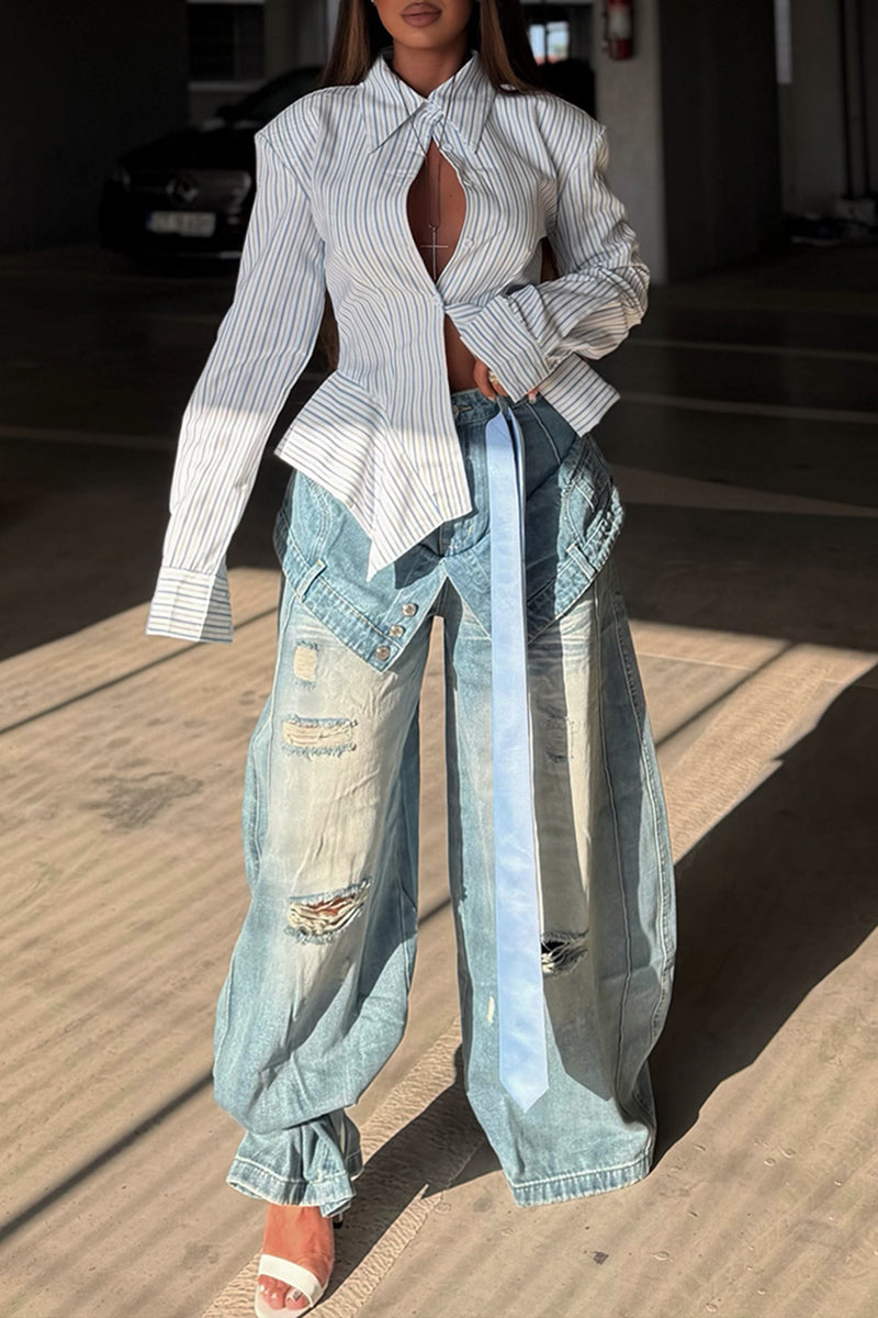Women's Fashion Faux Two-Piece Ripped Wash Wide Leg Jeans