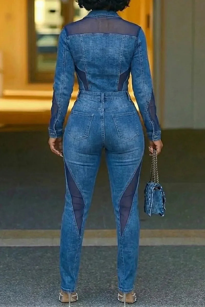 Hot Selling Women's Casual Denim Lapel Mesh Patchwork Tight Jumpsuit