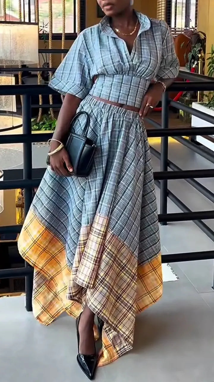 Women Collar and Waist Cinched Top + Irregular Contrasting Half Skirt Elegant Casual Suit