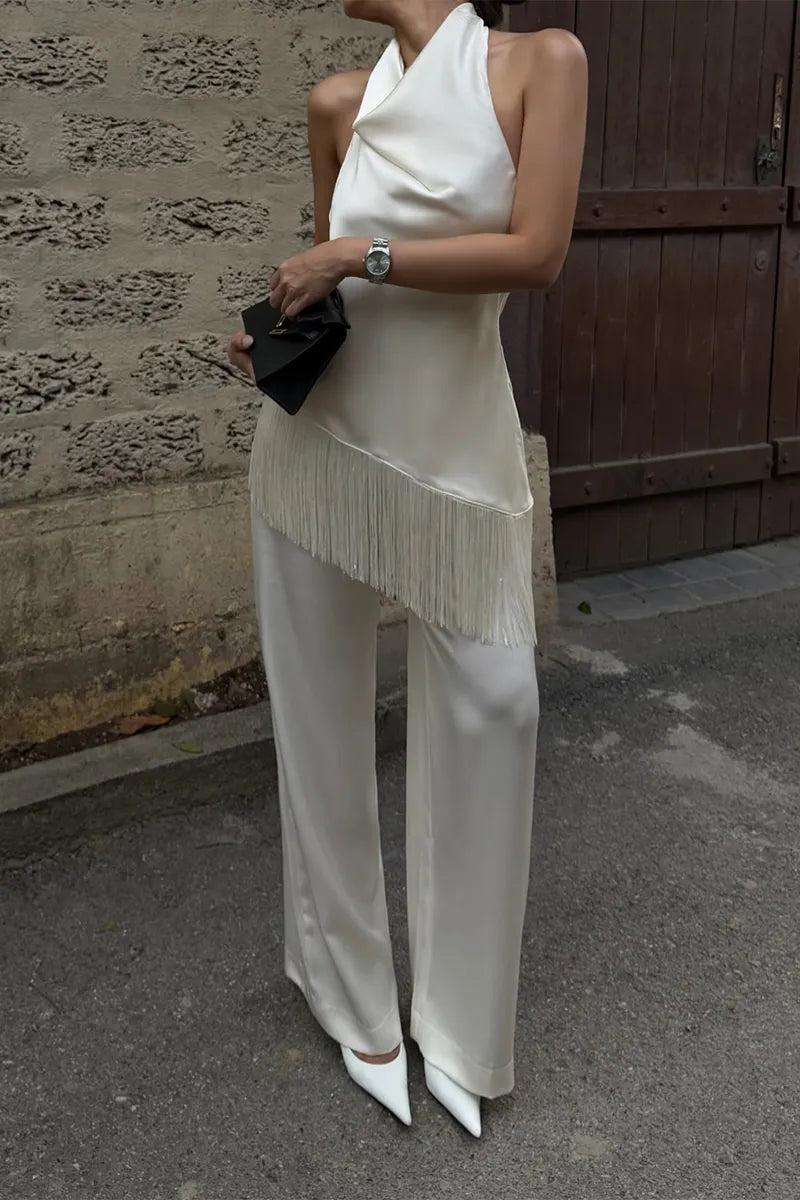 Women's Elegant Simple Fringe Hem Vest Pants Two-Piece Set