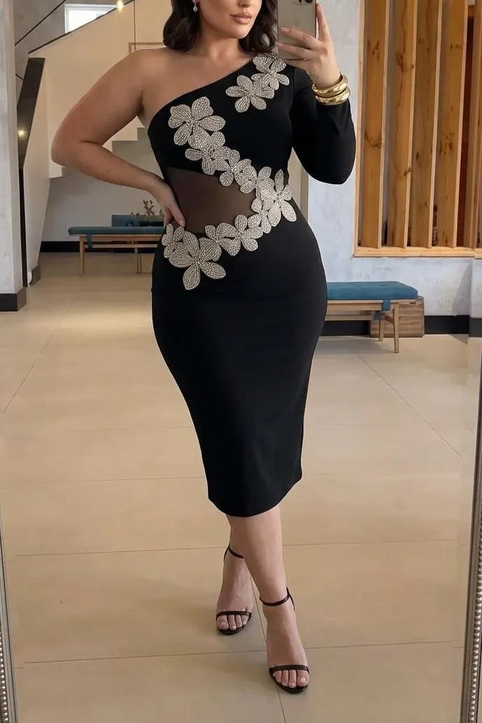 Women's One Shoulder Long Sleeve Bodycon Midi Dress Sparkly Rhinestone Floral Sheer Mesh Waist Cutout Evening Cocktail Party Dress