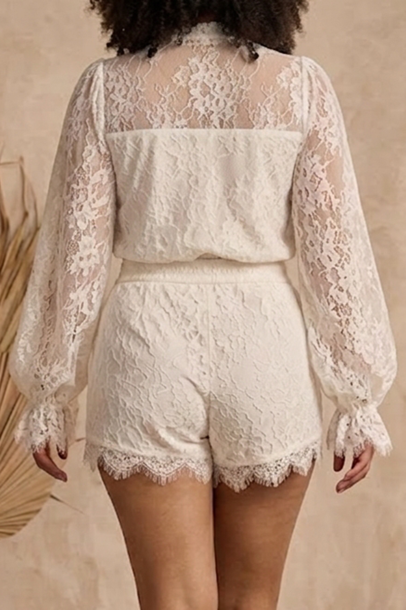 Elegant Sheer Lace Long Sleeve Blouse & High Waist Shorts Two Piece Set