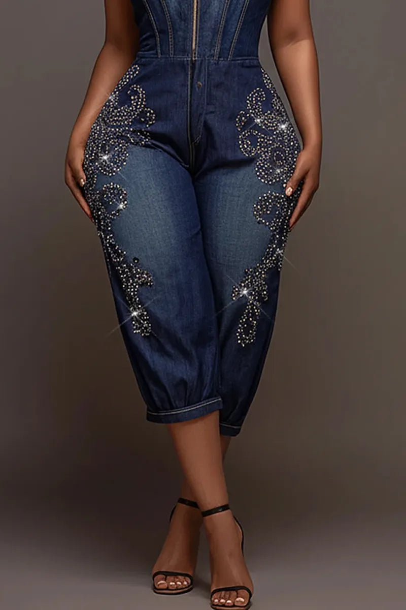 Hot Selling Women's Casual Rhinestone Denim Jumpsuit