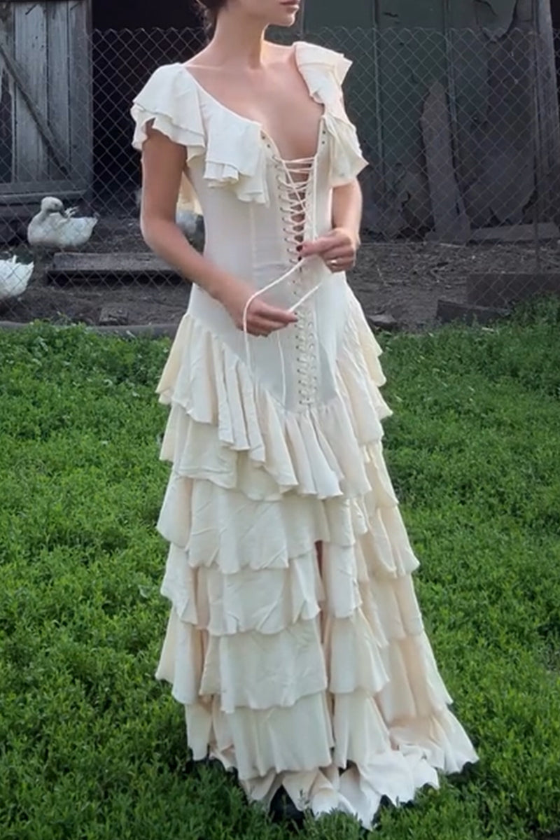 Women's Elegant Tiered Hem Lace-Up Maxi Dress