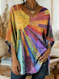 Vintage Sun Patchwork Women's Art Print Casual Washed Denim Cotton Top