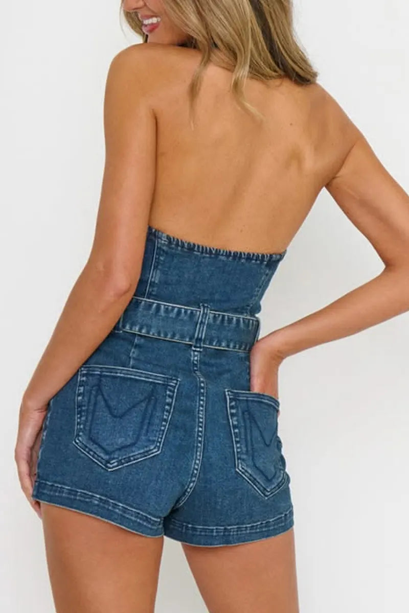 Women's Denim Halter Romper with V-Neck, Gold Buckle Belt & Pockets