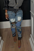 Women's Fashion Patch Faux Two-Piece Patchwork Patch Decoration Slim Jeans