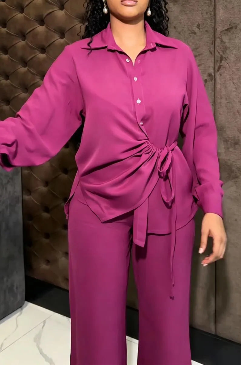 Women's Collar Tie Top+ Pants Casual Suit