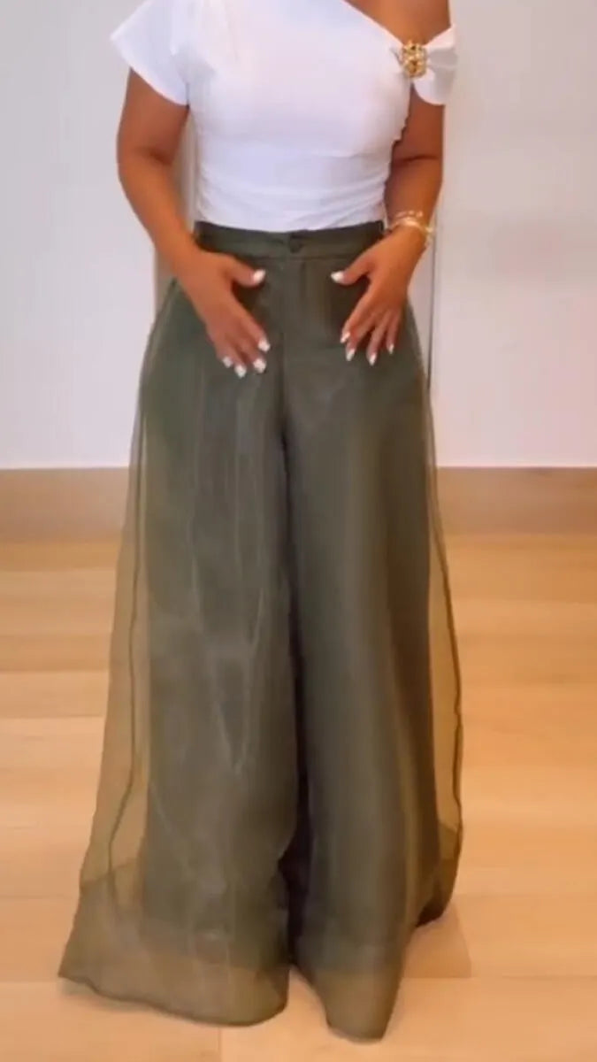 Women Patchwork Chiffon Solid Color Casual Wide Leg Pants