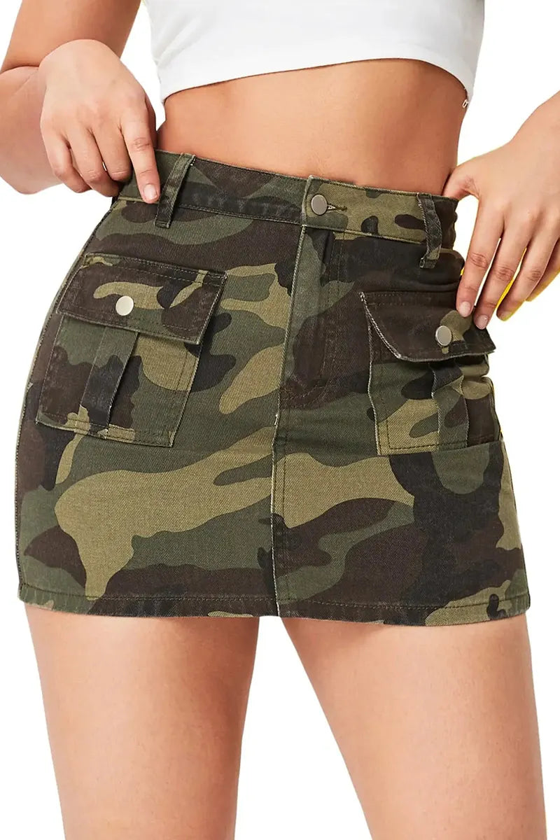 Women's Camo Denim Mini Skirt High Waist Button Front Flap Pocket Bodycon Cargo Skirt