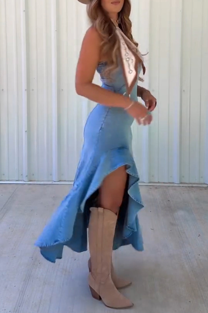 Women's Fashion Strapless Asymmetric Ruffle Hem Denim Dress