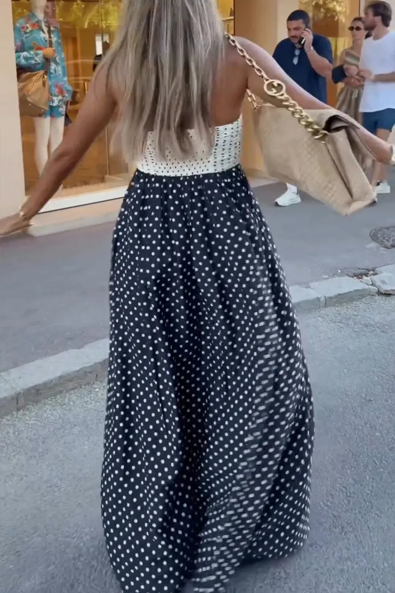 Women's Vacation Strapless Color Block Polka Dot Maxi Dress