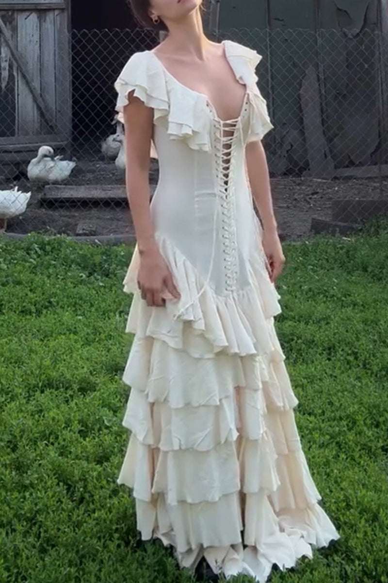 Women's Elegant Tiered Hem Lace-Up Maxi Dress