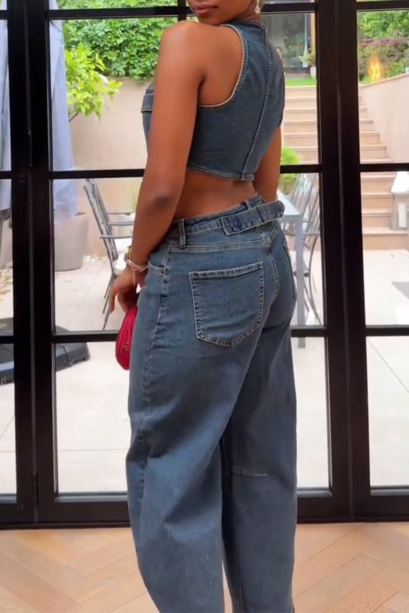 Women's V-neck Patchwork Pocket Vest or Wide Leg Jeans