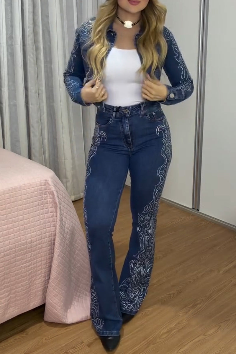 Women's Casual Pattern Hot-Fix Rhinestone Denim Jacket or Flare Jeans