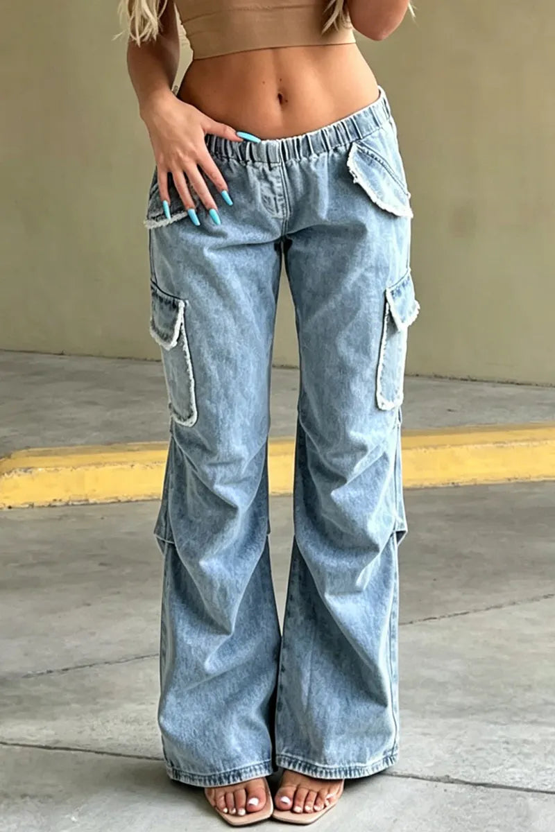 Women's Y2k Elastic Waistband Multi Pocket Wide Leg Jeans