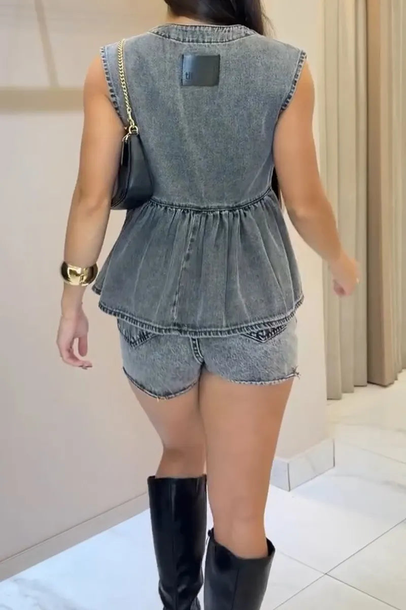 Women's V-neck Sleeveless Patchwork Denim Top + Washed Denim Shorts