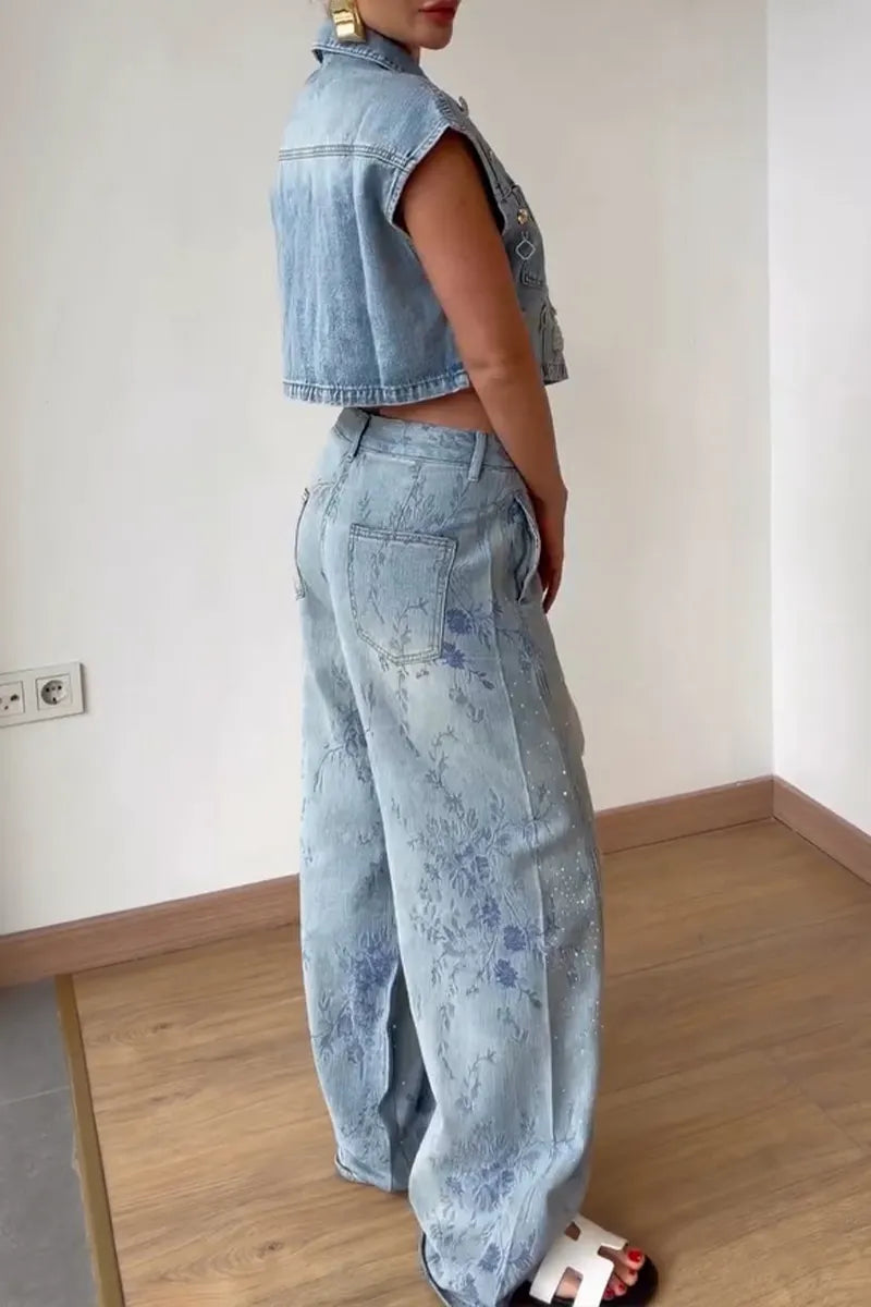 Women's Casual Novelty Button Trim Denim Vest or Pattern Print Rhinestone Jeans